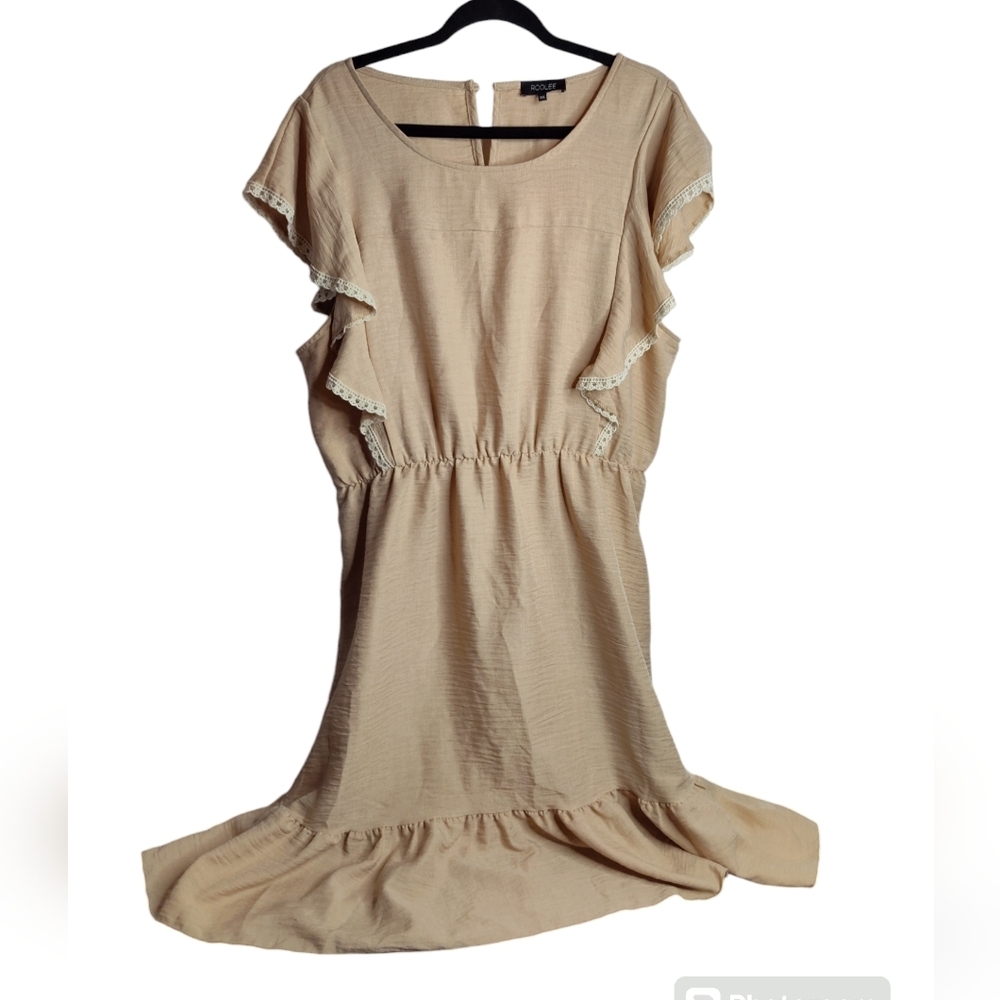 ☀️Roolee Tan White Ruffle Midi Dress Cap Sleeve 3XL